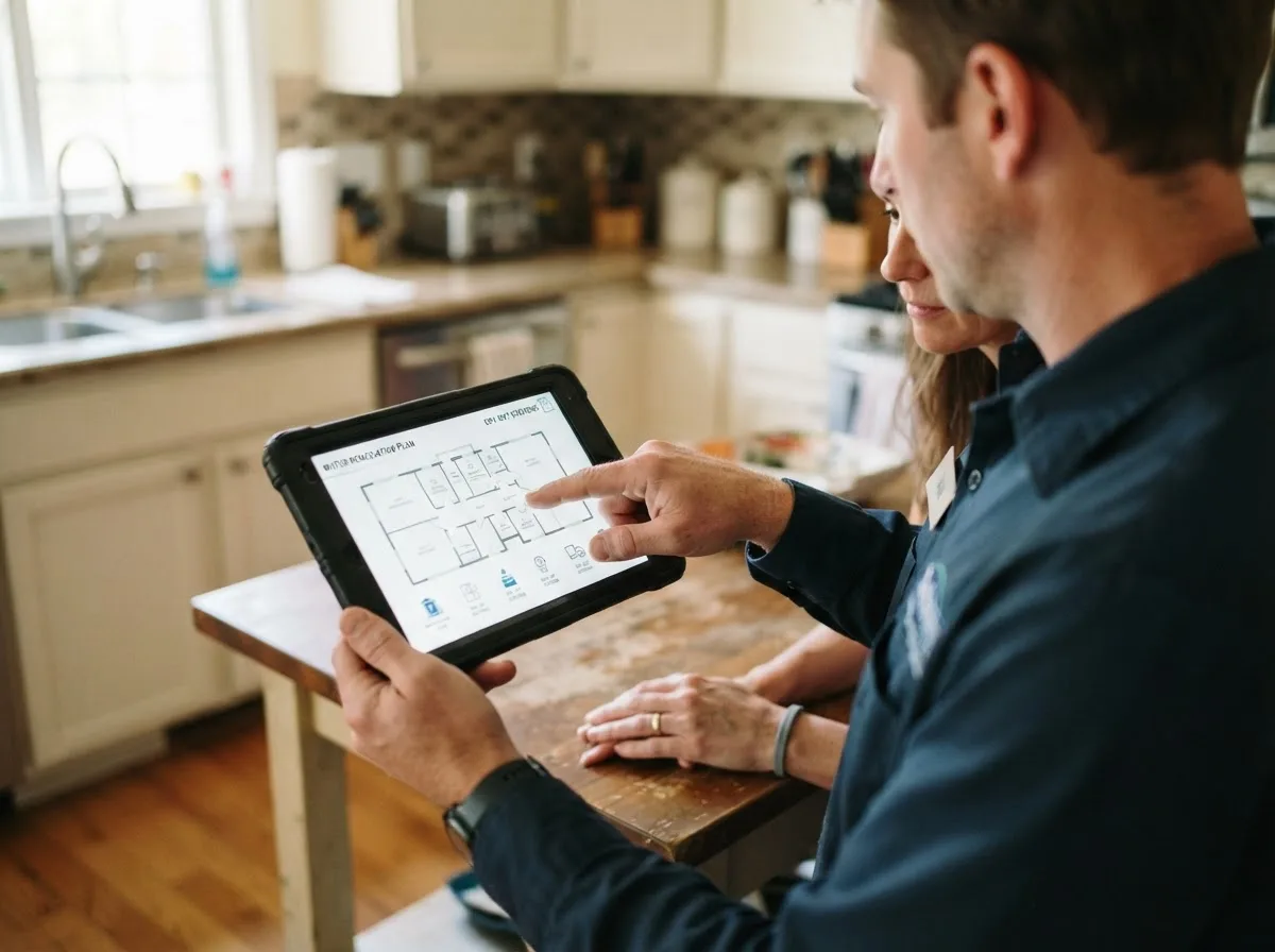 Water damage restoration technician inspecting a home in Ashburnham, MA